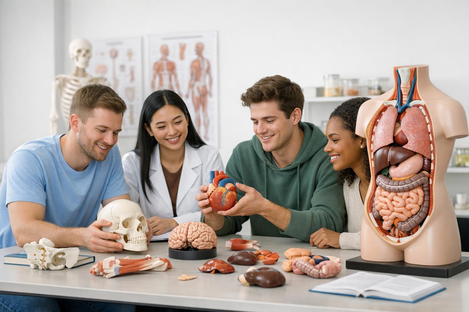 Zdjęcie: grupa studentów przy stole z demontowalnymi modelami anatomicznymi
