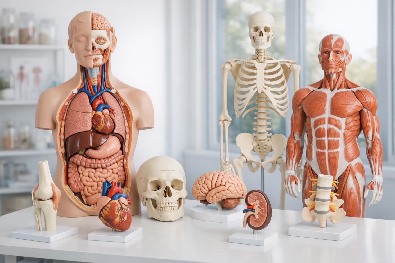Zdjęcie: różne modele anatomiczne ustawione na stole w jasnej pracowni